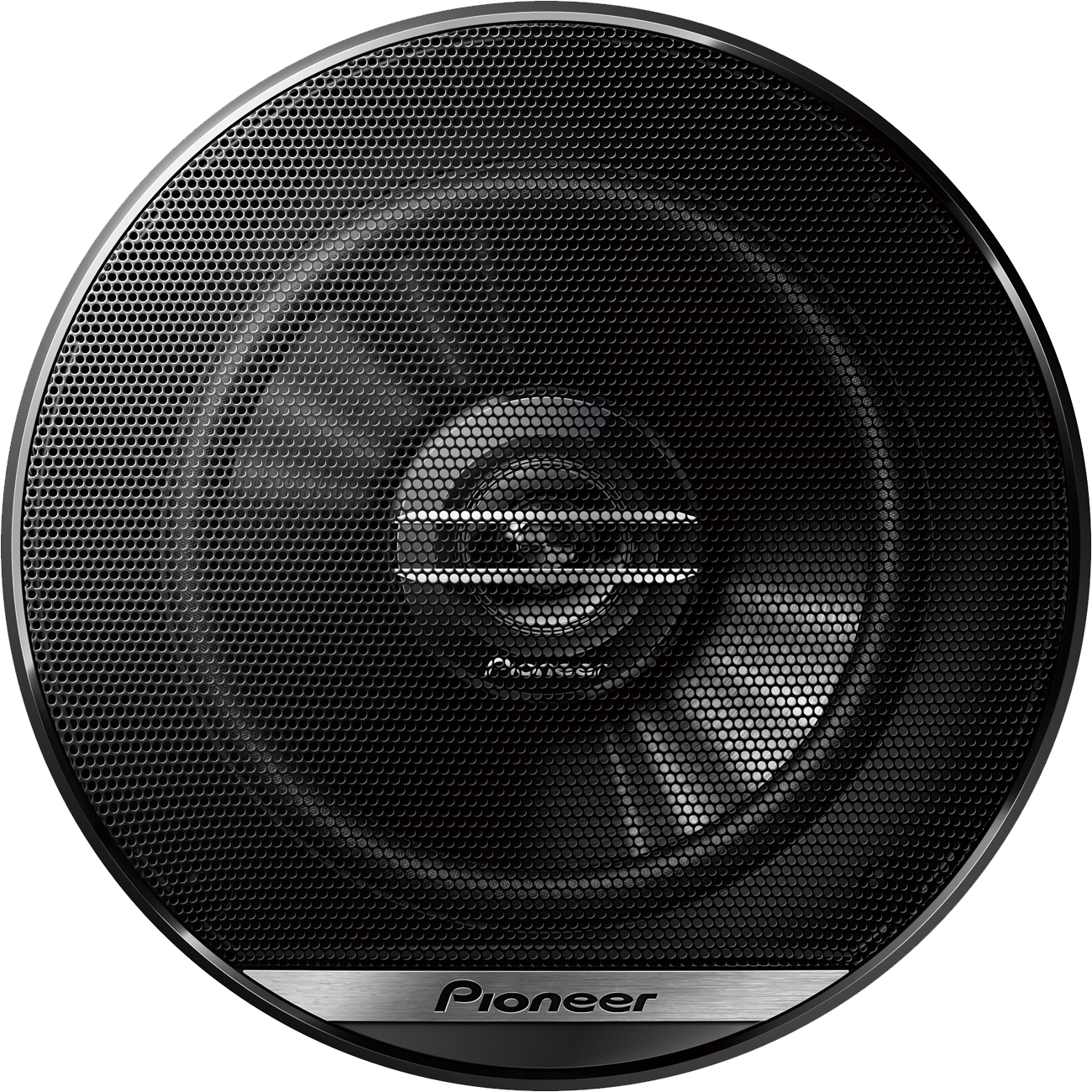Egy fekete Pioneer hangszóró hálós ráccsal és Pioneer logóval az ezüst csíkon.
