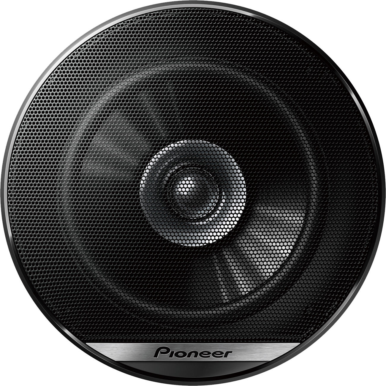 Fekete Pioneer hangszóró fémhálóval és ezüst Pioneer táblával.