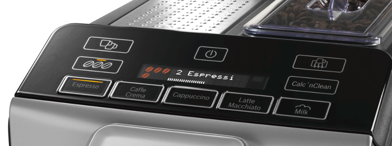 Esspresszó gép vezérlőpanelje, Espresso, Caffe Crema, Cappuccino gombokkal és egyebekkel.