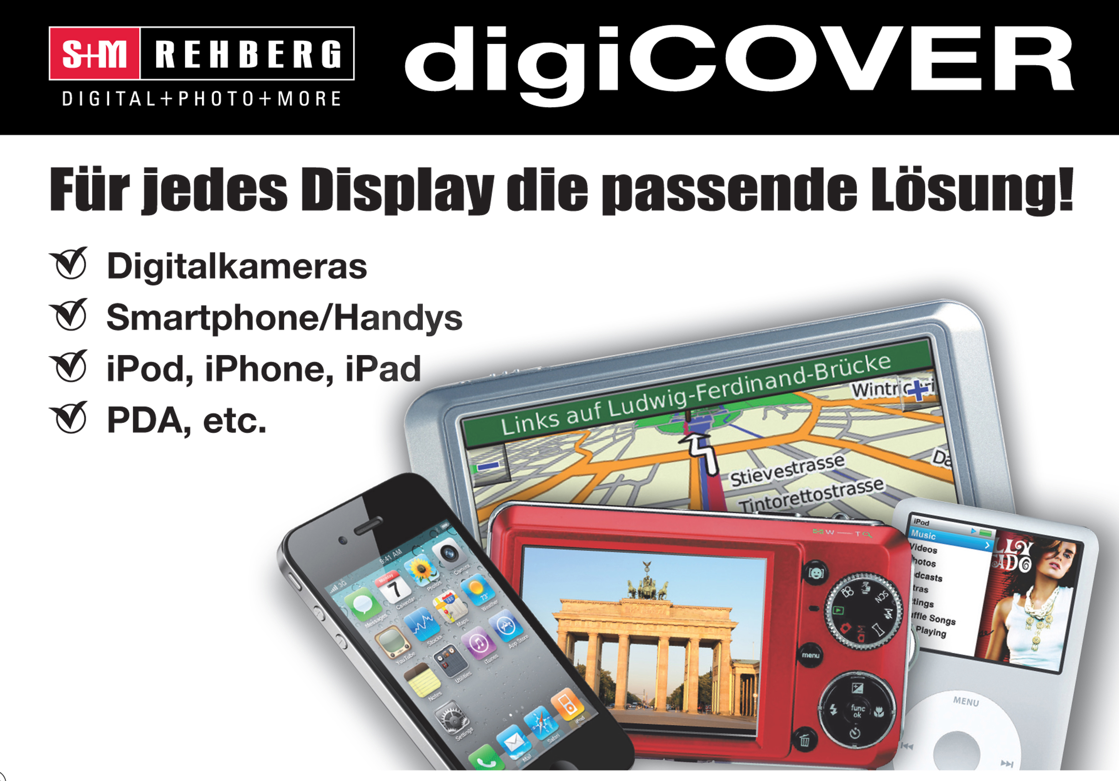 Eine digiCOVER-Werbung mit Smartphones, iPod und anderen Geräten. Weißer Hintergrund.