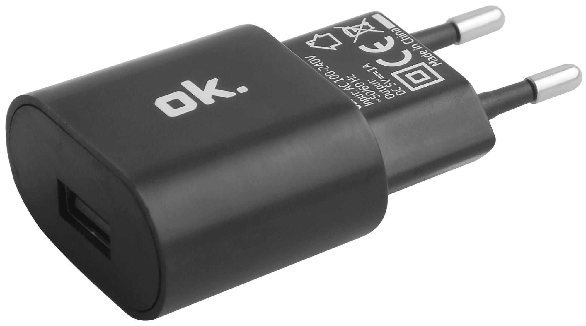 Schwarzes OK-Ladegerät. Hat einen USB-Anschluss und zwei Stifte. Text mit Eingangs-/Ausgangsinfo.