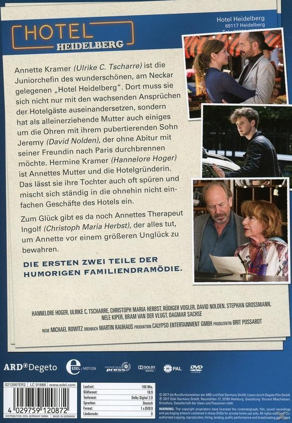 DVD-Cover mit Bildern von Menschen, Text über ein Hotel und dem Titel 'Hotel Heidelberg'.