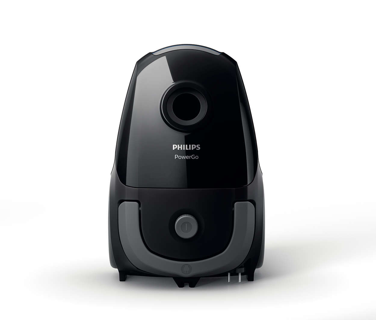 Black vacuum cleaner with grey accents and a single button. Sits on a white surface.