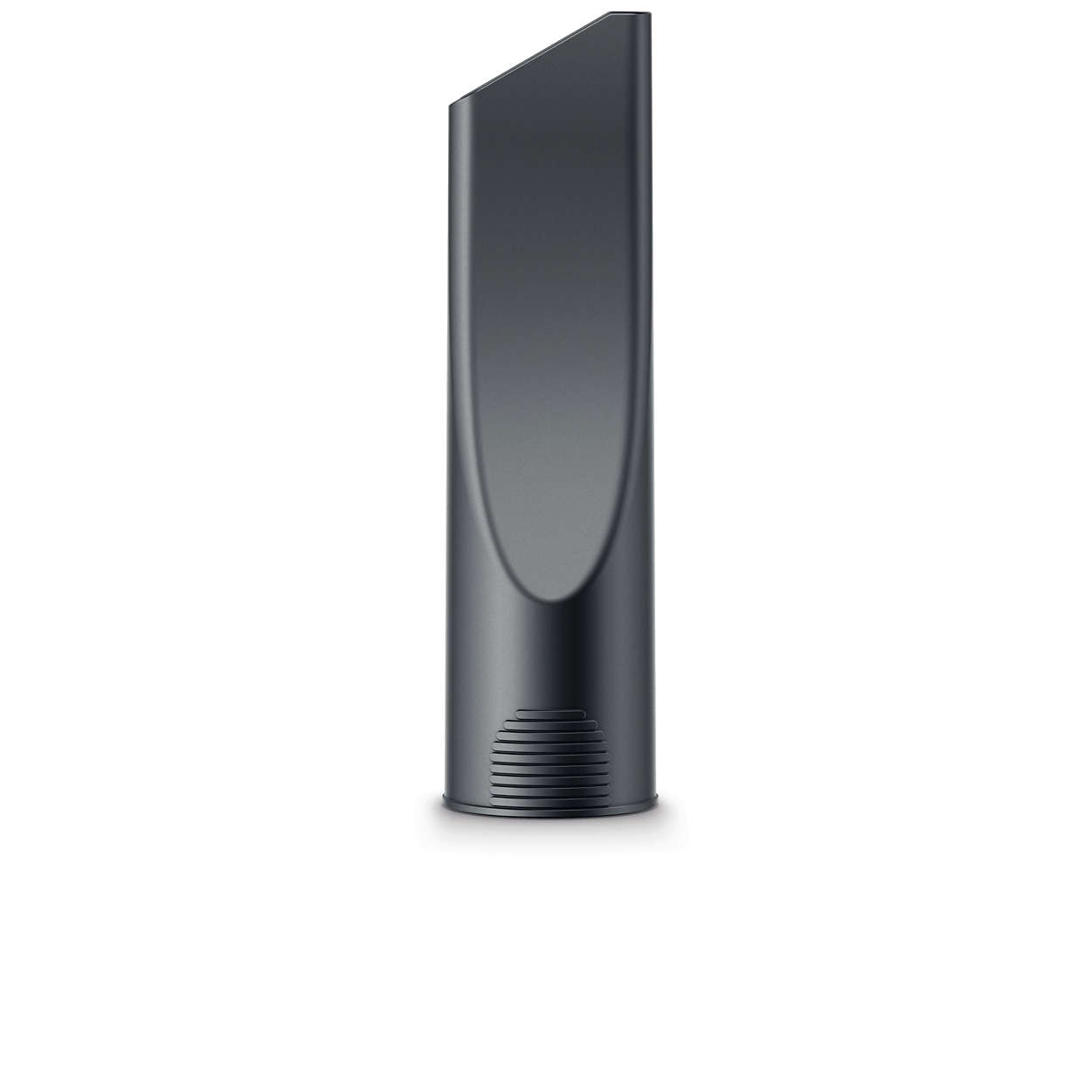 A black vacuum cleaner nozzle against a white background. It is tall and has a curved end.