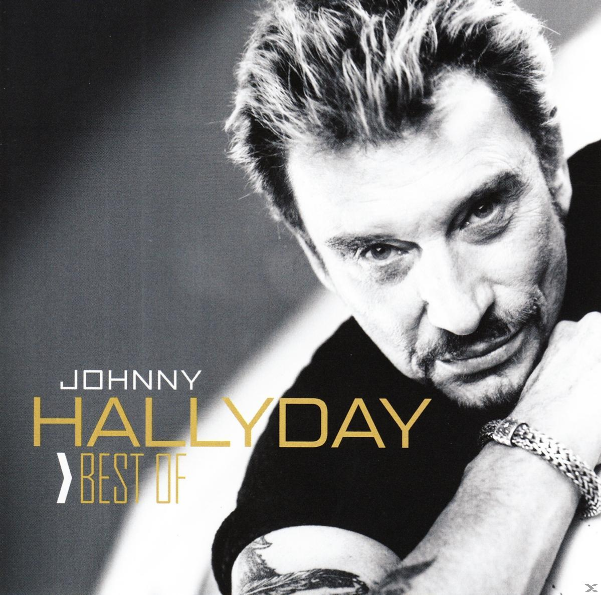 Z/W afbeelding van Johnny Hallyday. Tekst: Johnny Hallyday BEST OF. Hij kijkt de camera in.