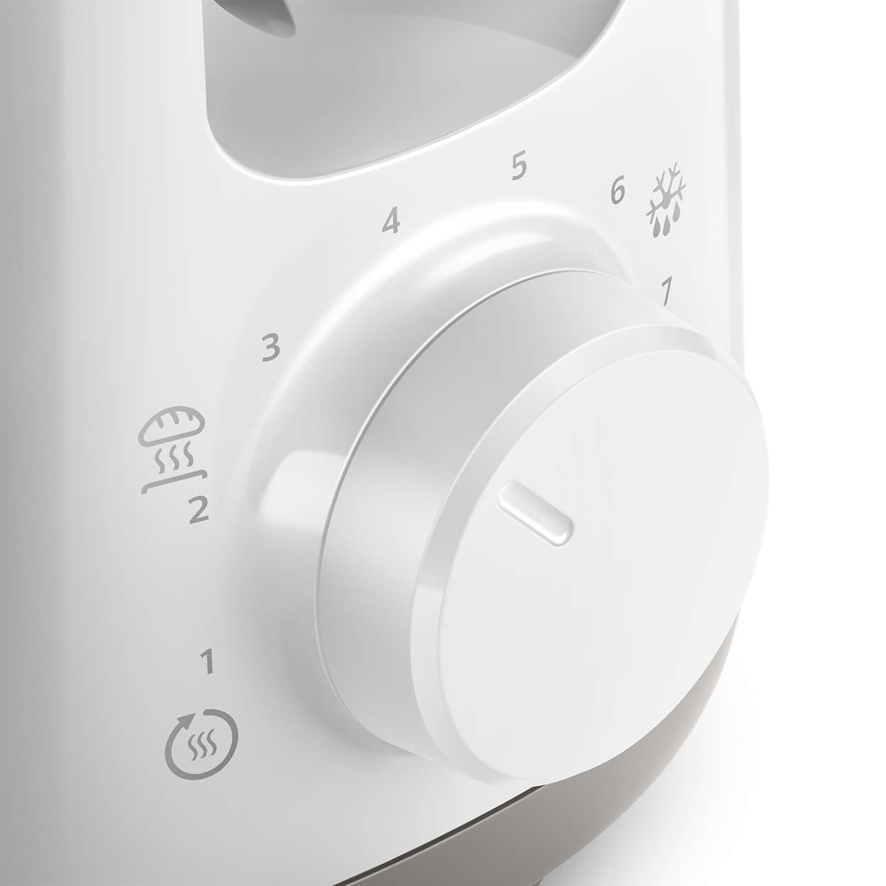 A white toaster's control dial with numbers and icons, and a white background.