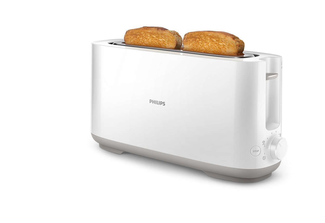 White Philips toaster with two slices of toasted bread. White background.