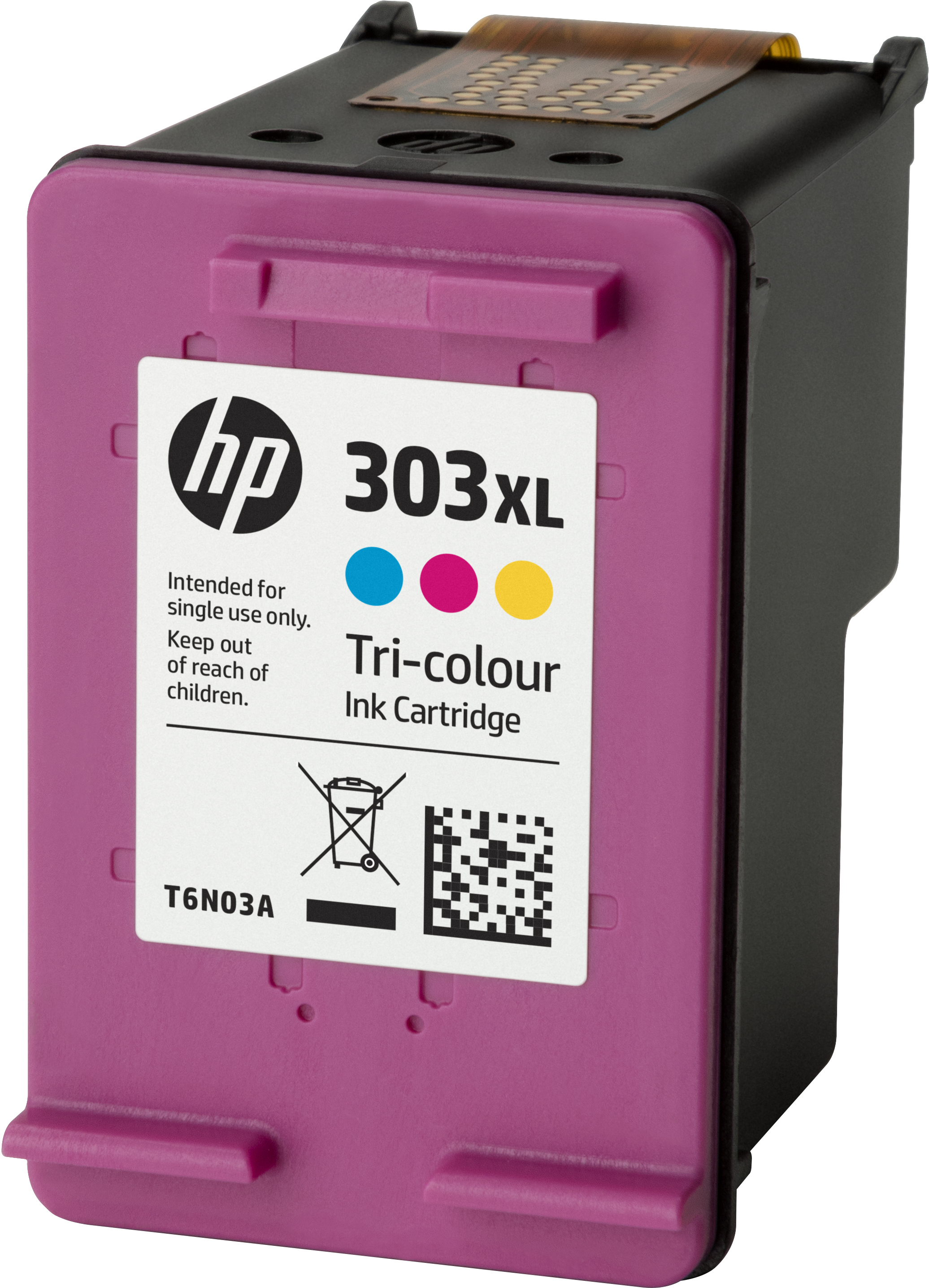 HP 303XL Dreifarben-Tintenpatrone. Farben sind Cyan, Magenta, Gelb. Die Patrone ist lila und schwarz.