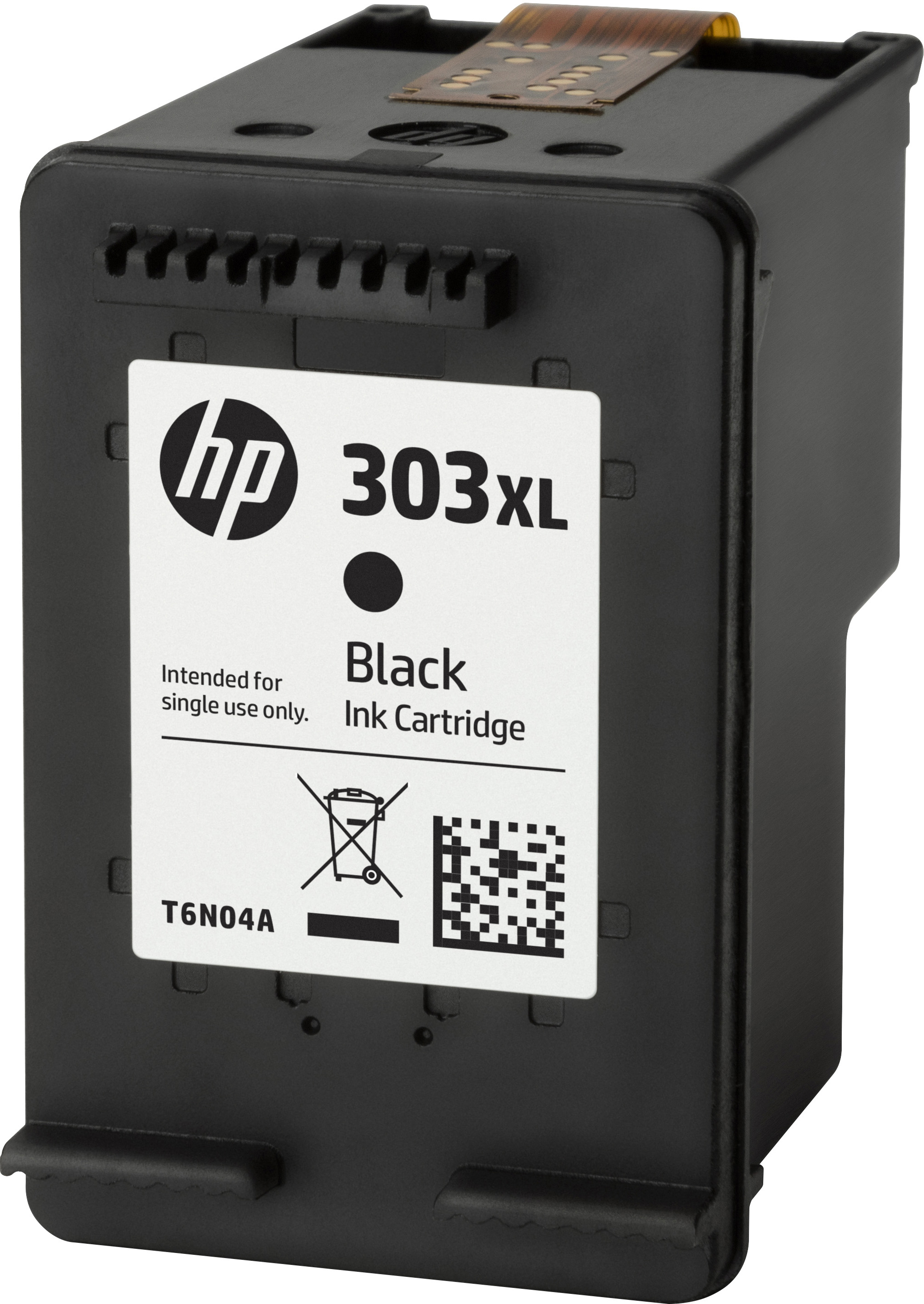 Schwarze HP 303XL Tintenpatrone mit Text und QR-Code.