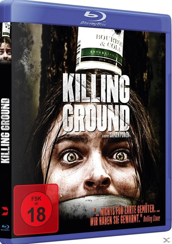 Blu-ray-Cover für 'Killing Ground' mit verängstigtem Gesicht und Flasche oben.