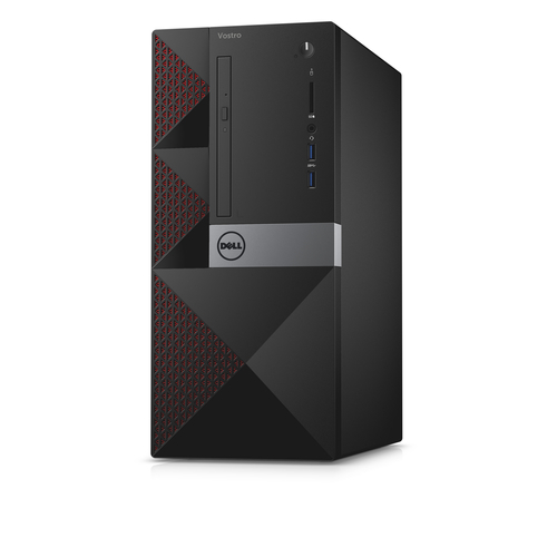 Schwarzes Dell Vostro Computergehäuse mit roten Akzenten und Dell Logo.