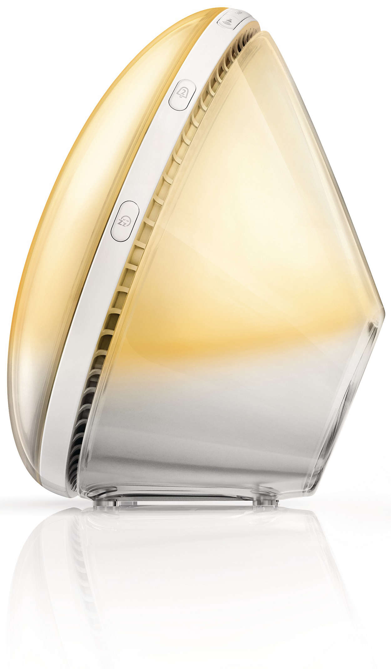 Un appareil lumineux blanc et jaune. Il a un design incurvé et une bande blanche avec des boutons.