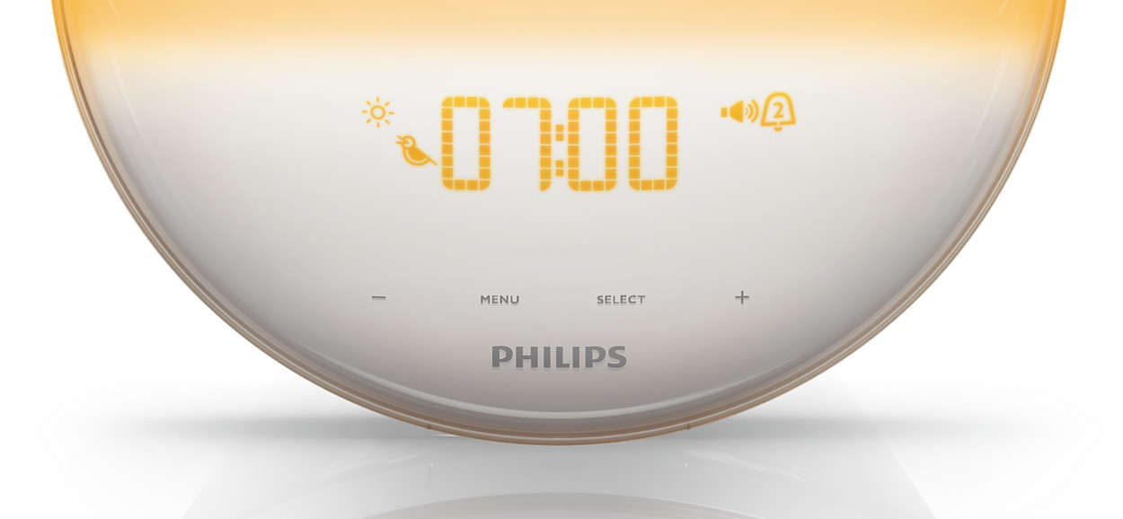Une lampe de réveil Philips blanche et jaune affichant l'heure et d'autres réglages.