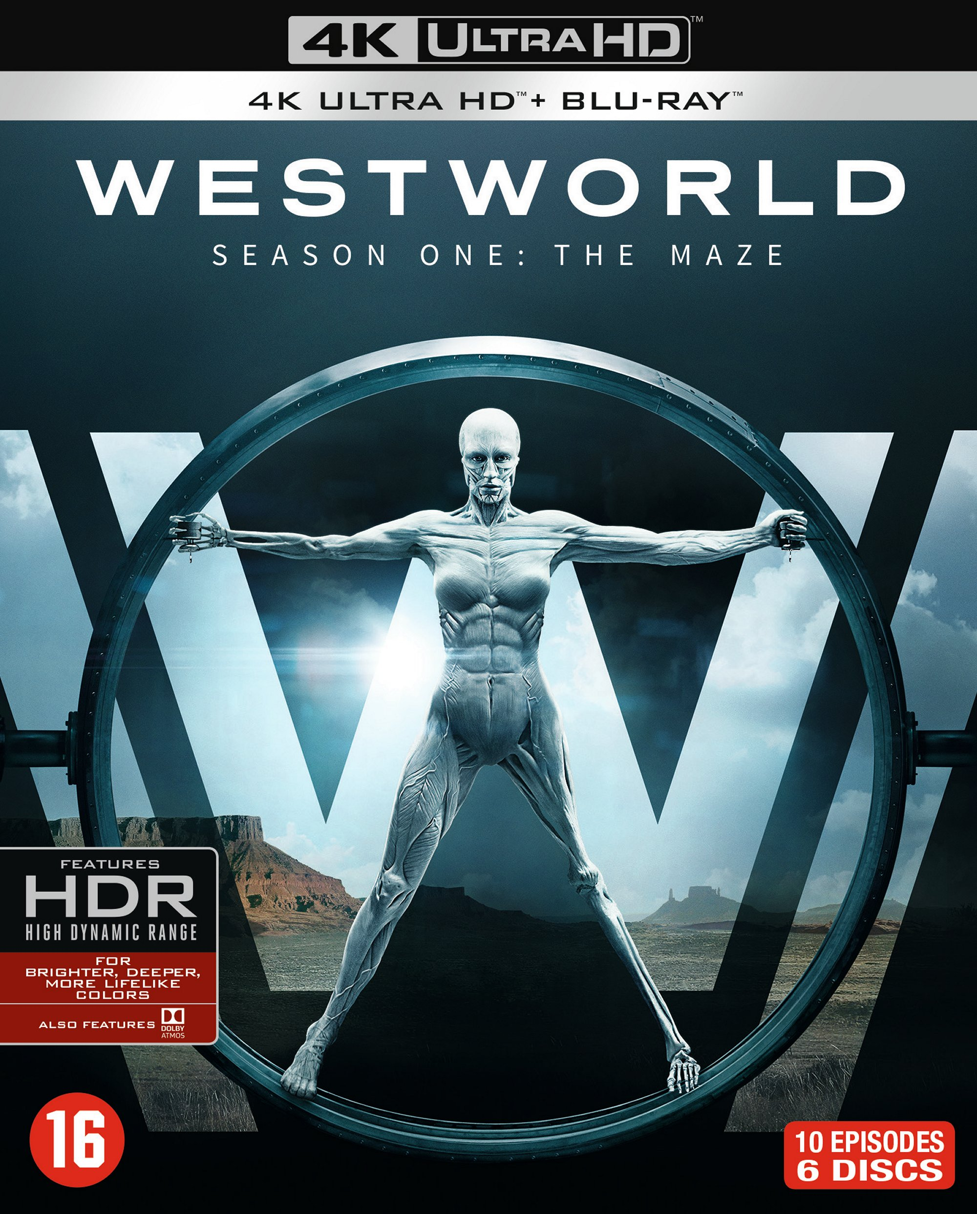 Couverture du DVD de Westworld. Une femme en combinaison argentée se tient à l'intérieur d'un cercle avec le titre de la série.