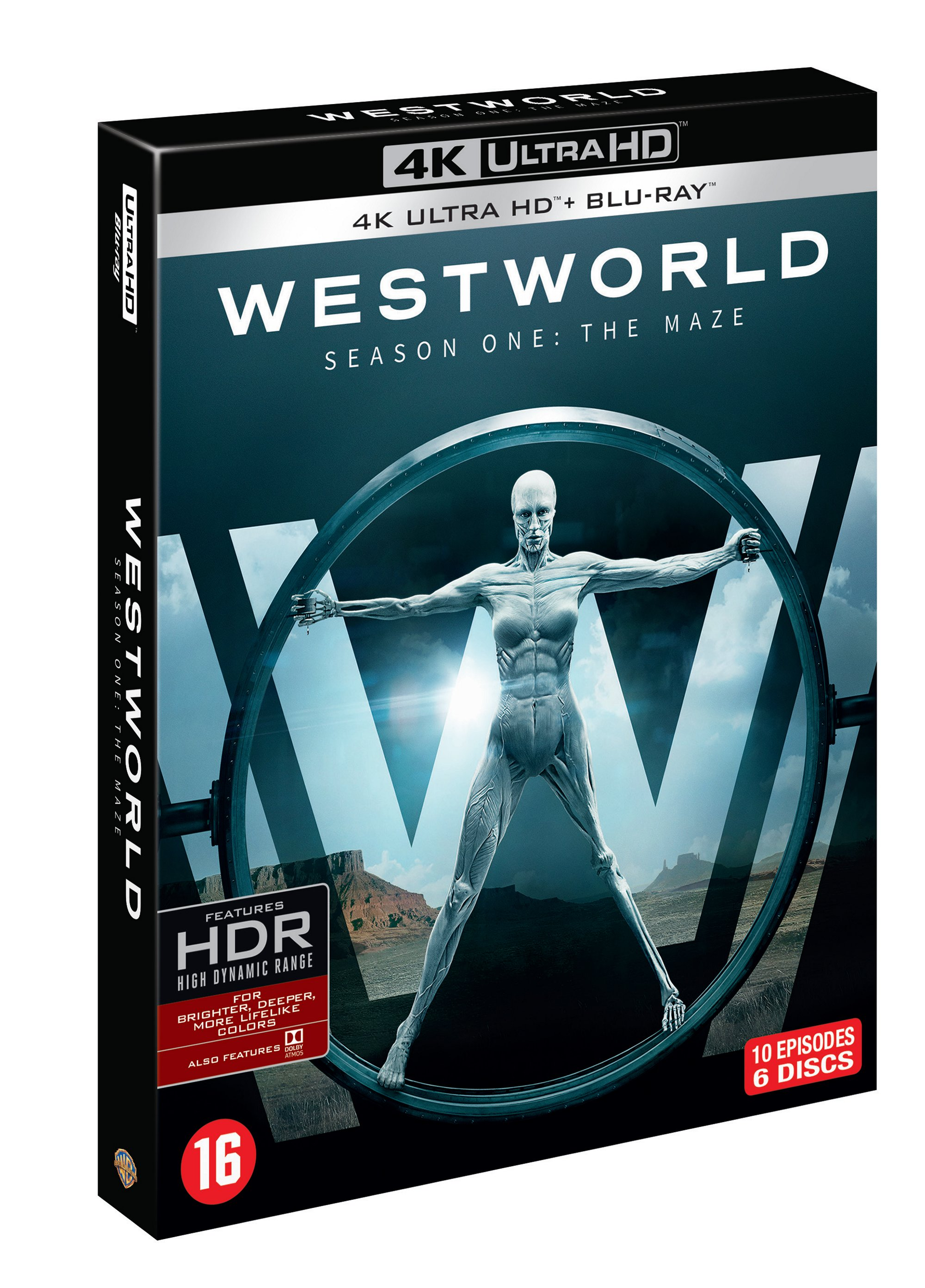 Couverture Blu-ray de la saison 1 de Westworld avec une figure dans un cercle.