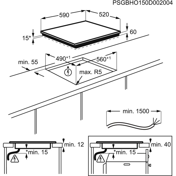 Indukciós főzőlap műszaki diagramja méretekkel és cm-ben megadott méretekkel.