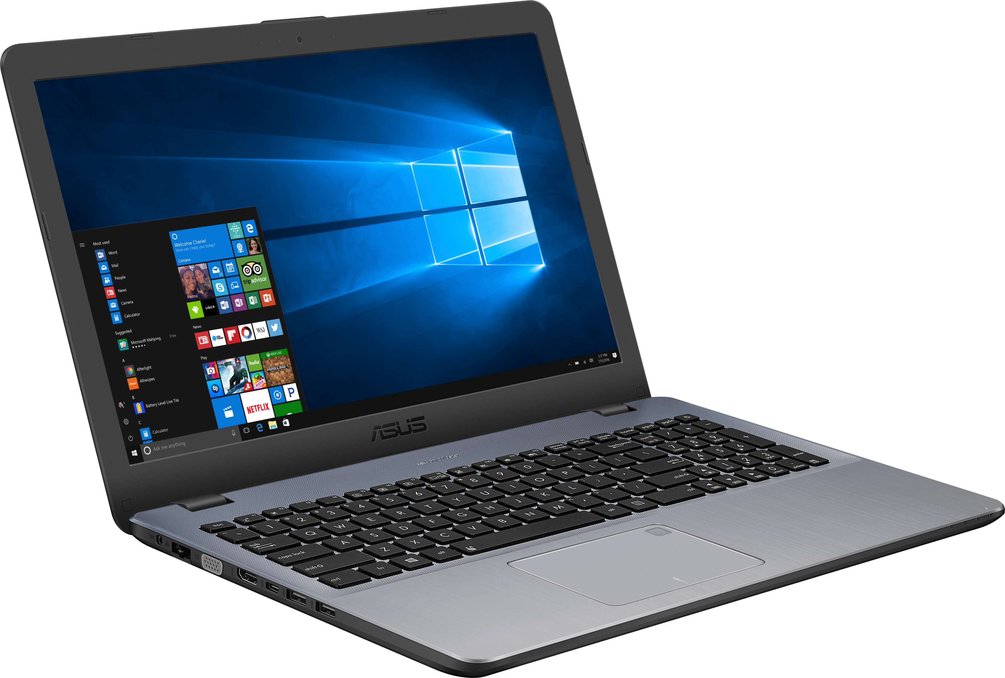Laptop mit Windows-Oberfläche auf dem Bildschirm. Der Laptop ist grau und schwarz.