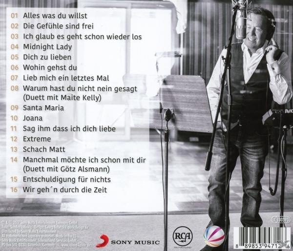 CD-Cover mit deutschem Text. Mann im Tonstudio mit Titelliste links.