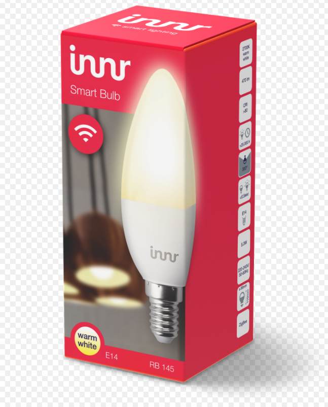 Rode doos met een witte slimme lamp, met het label 'innr', met specificaties.