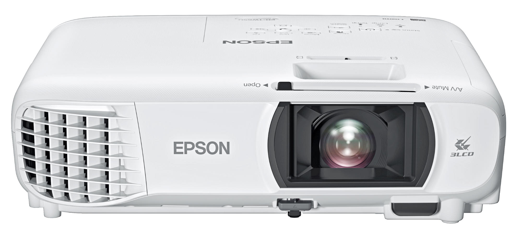Un proyector Epson blanco con una lente y varios botones de control.