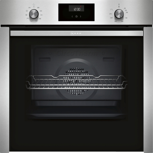 Ein Backofen, Edelstahl mit zwei Knöpfen und Digitalanzeige, und ein Innenraum mit einem Gestell.