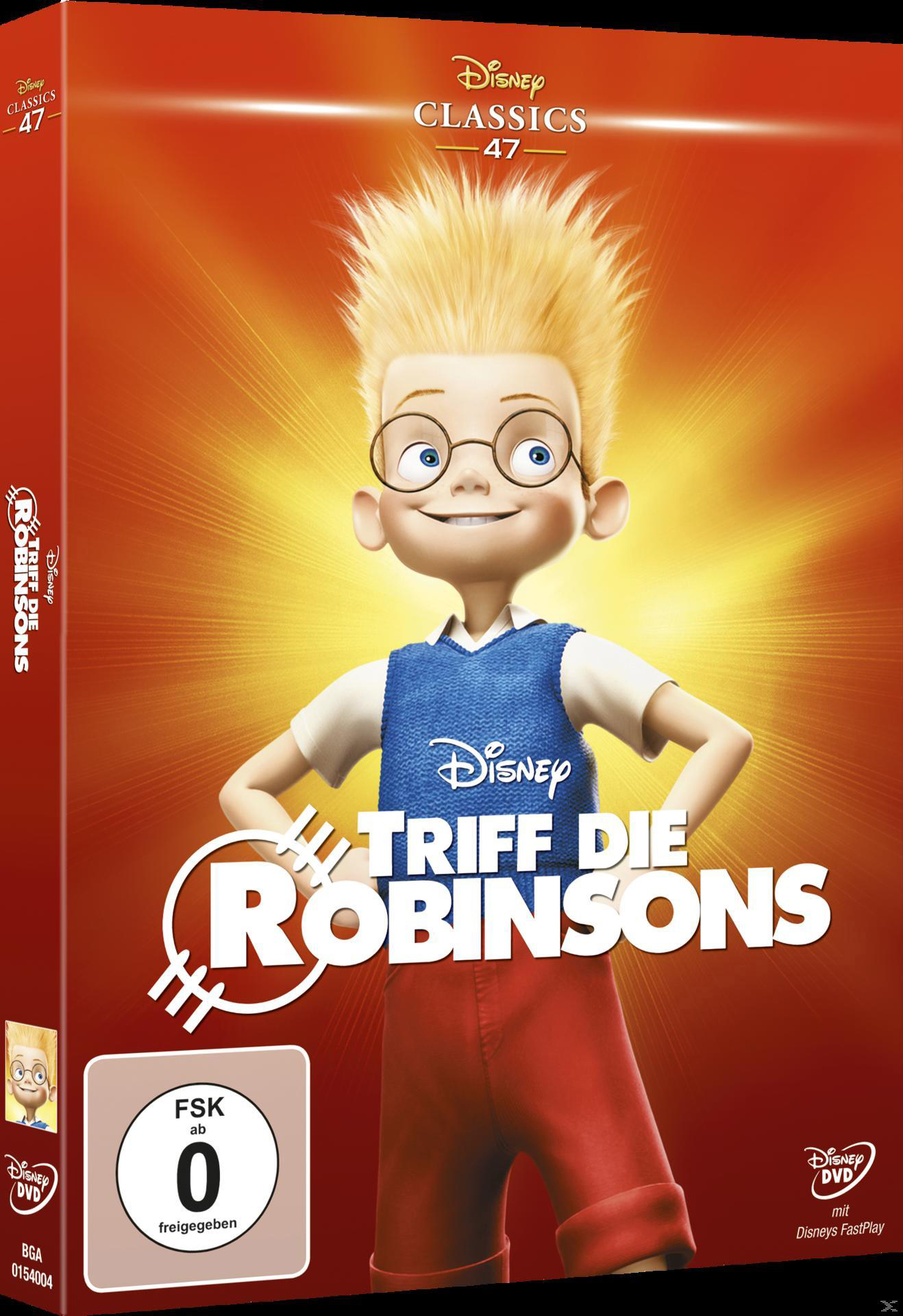 DVD-Cover von Triff die Robinsons, mit einem Cartoon-Jungen in blauer Weste und roter Hose.