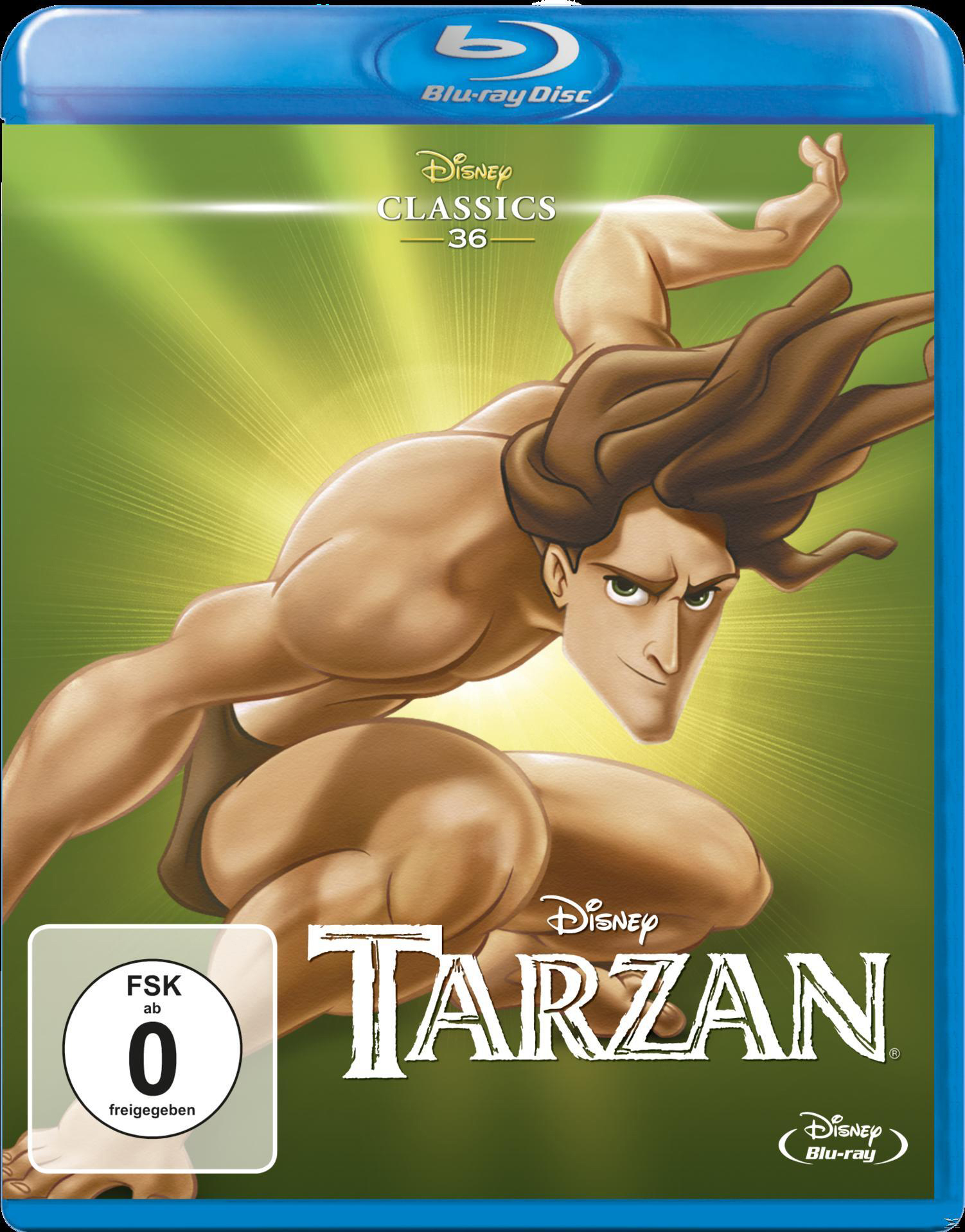 Tarzan Blu-ray-Cover. Tarzan kauert, grüner Hintergrund. Disney-Klassiker.