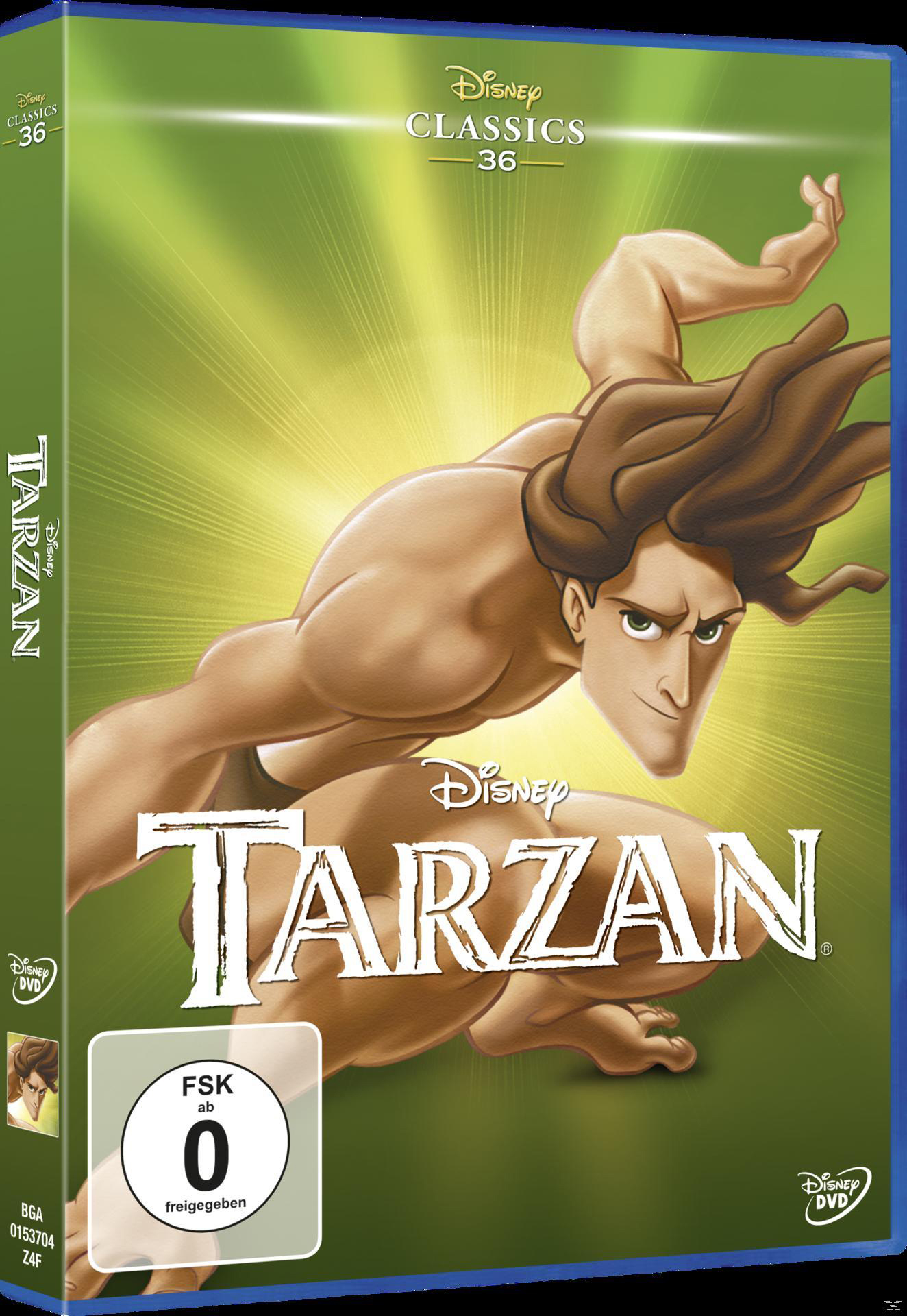 Disney's Tarzan DVD-Hülle mit Tarzan-Illustration und grün-gelbem Hintergrund.