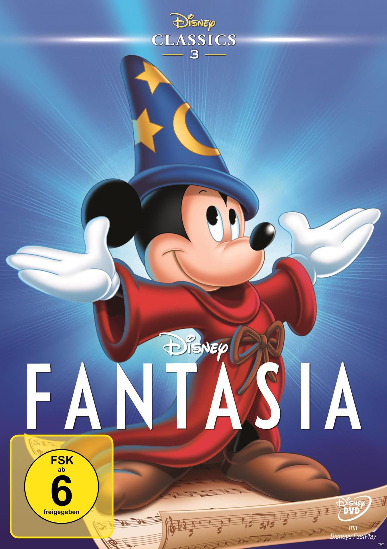 DVD-Cover, Fantasia, Micky Maus als Zauberer mit blauem Hut.