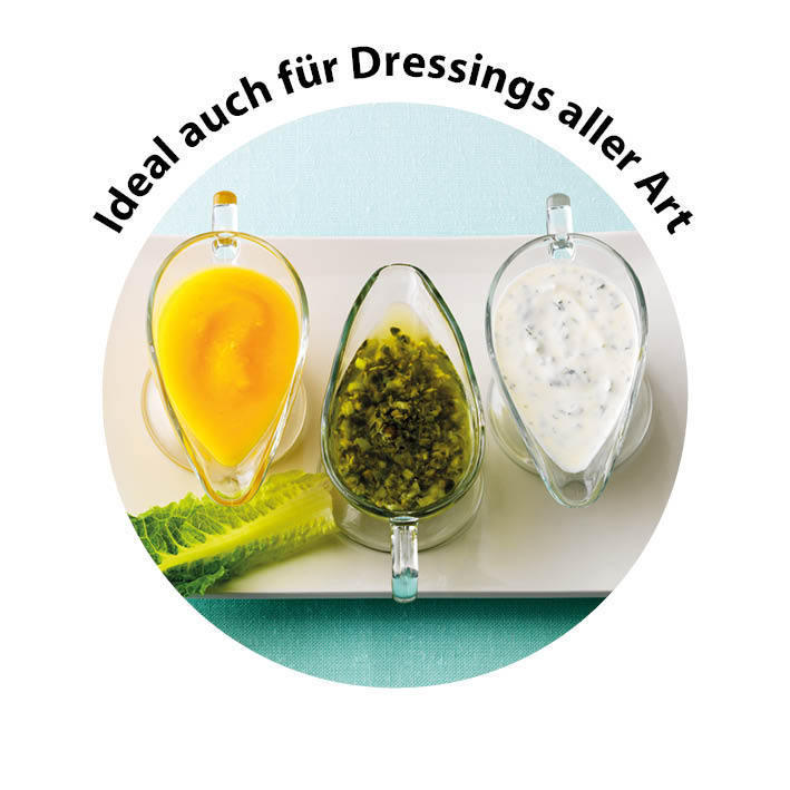 Drei Glas-Soßenbehälter auf einem weißen Teller. Gelbe, grüne und weiße Dressings.