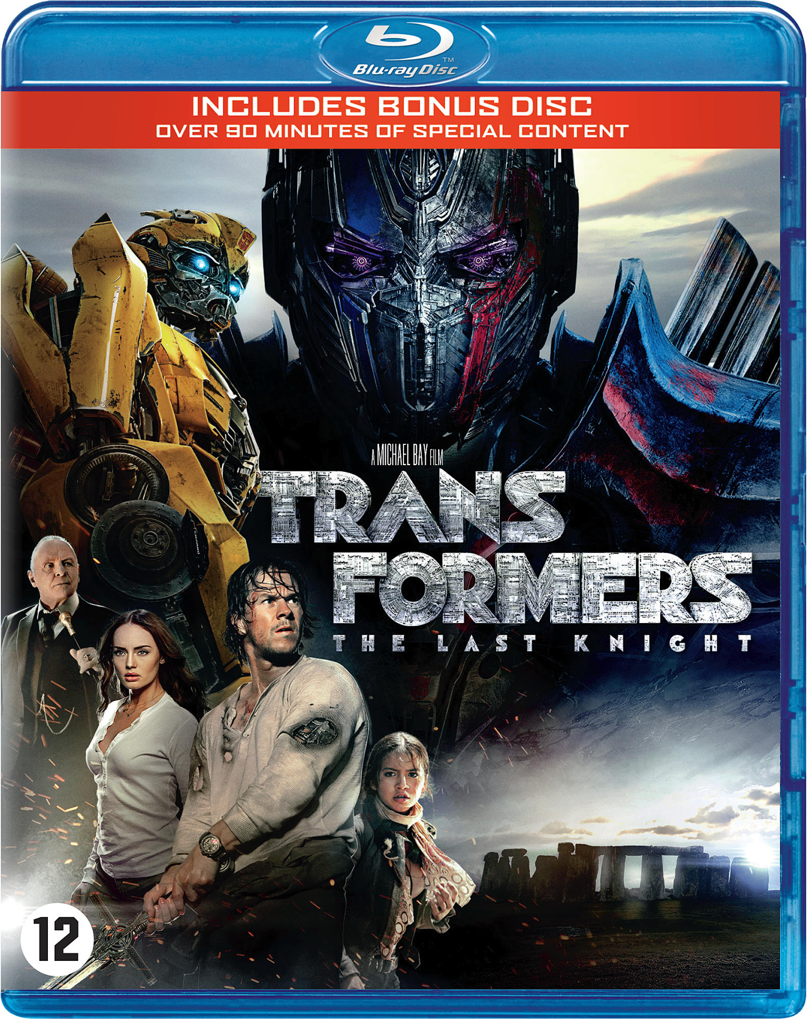 Blu-ray-cover voor de Transformers-film. Toont acteurs, robots en titel. Blauwe en rode kleuren.
