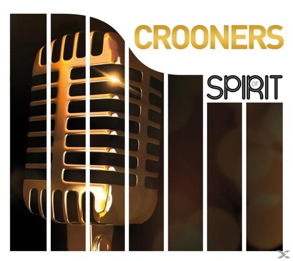 Albumcover: 'Crooners of Spirit'. Goldene Mikrofon-Grafik mit Text, stilisiertes Design, Schwarz-Gold.