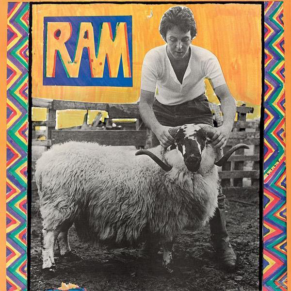 Albumcover mit einem Mann, der einen Widder hält, gelber Hintergrund und blaues Schild.