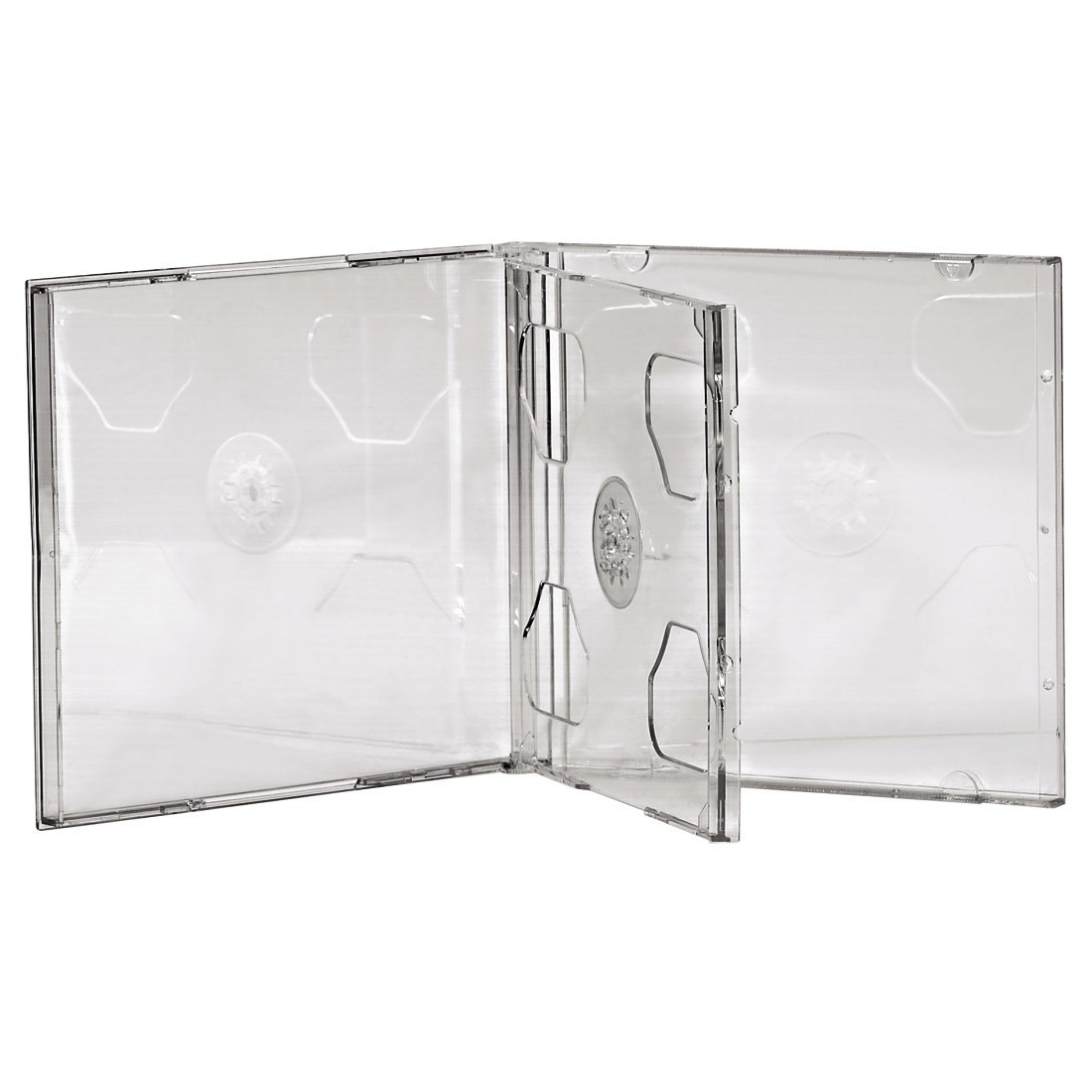 Ein transparentes, geöffnetes CD-Case mit leeren Disc-Haltern.