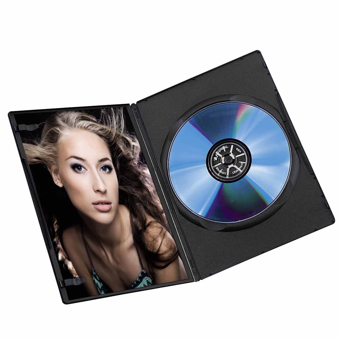 Eine offene schwarze DVD-Hülle, mit einem Foto einer Frau links und einer blauen DVD-Disc rechts.