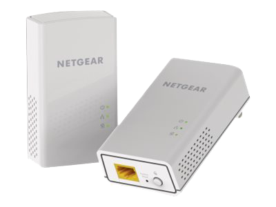 Zwei weiße Netgear Powerline-Adapter, einer mit gelbem Ethernet-Anschluss.