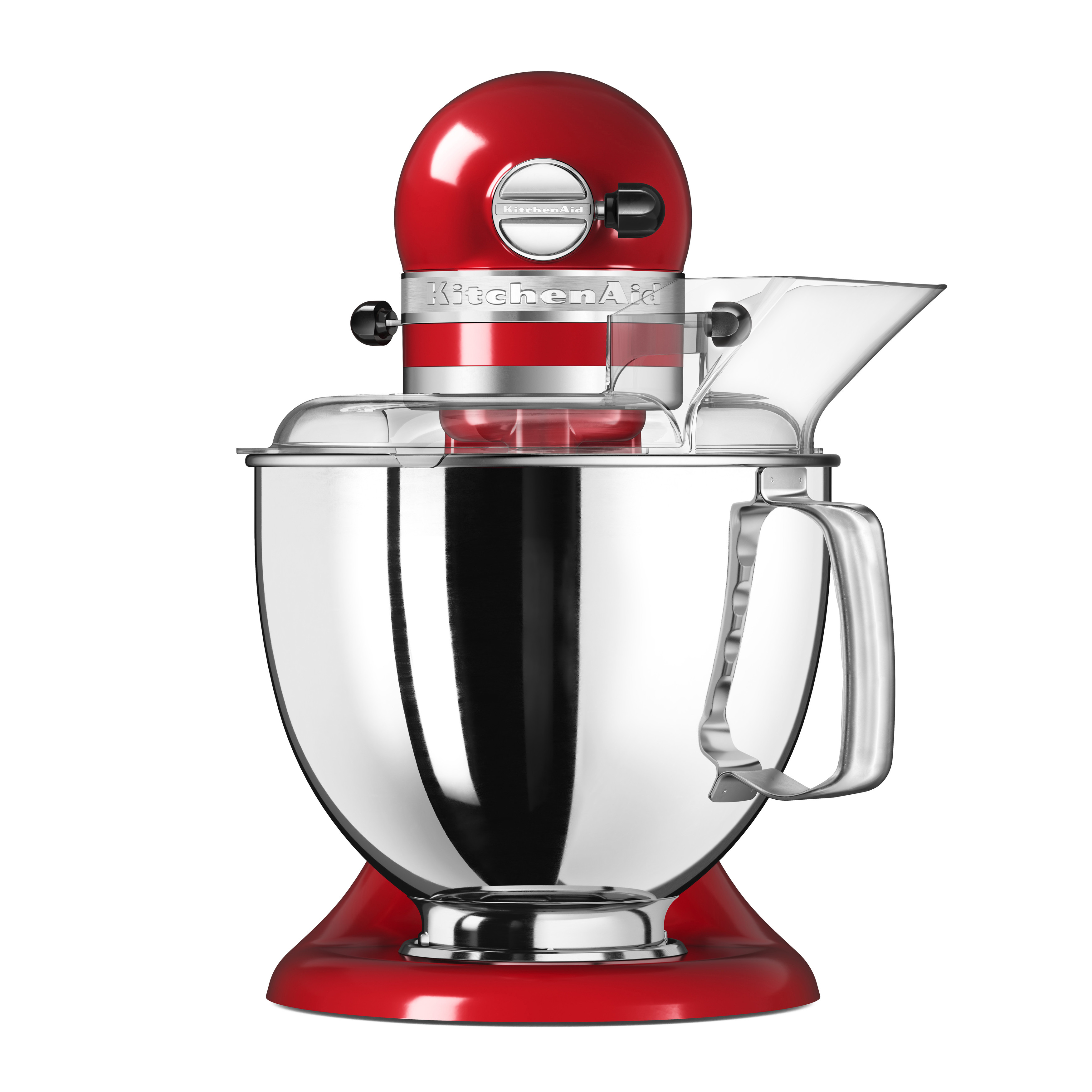 Ein roter KitchenAid-Küchenmixer mit einer Chrom-Rührschüssel, einem durchsichtigen Schutz, auf weißem Grund.