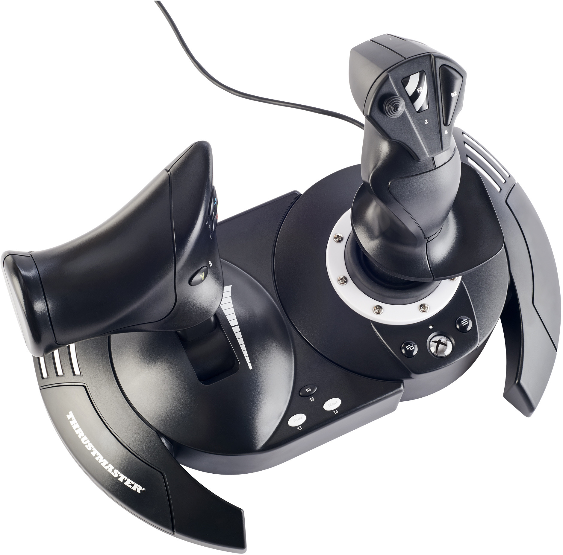 Manche et manette des gaz Thrustmaster. Noir et gris. Joystick avec plusieurs boutons, manette des gaz.
