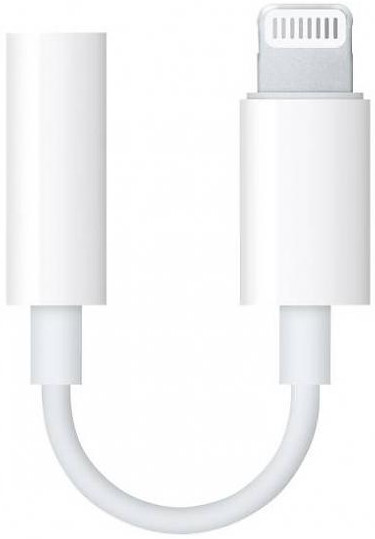 Un adaptateur blanc Apple Lightning vers prise casque 3,5 mm sur fond blanc.