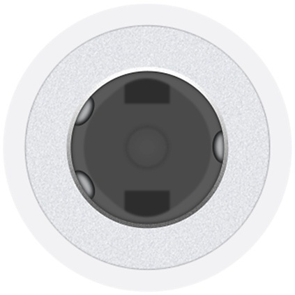 Adaptateur blanc Apple Lightning vers prise casque 3,5 mm, vue en angle.