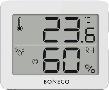 Egy fehér digitális hőmérő 23,6 Celsius fokot és 60% páratartalmat mutat.