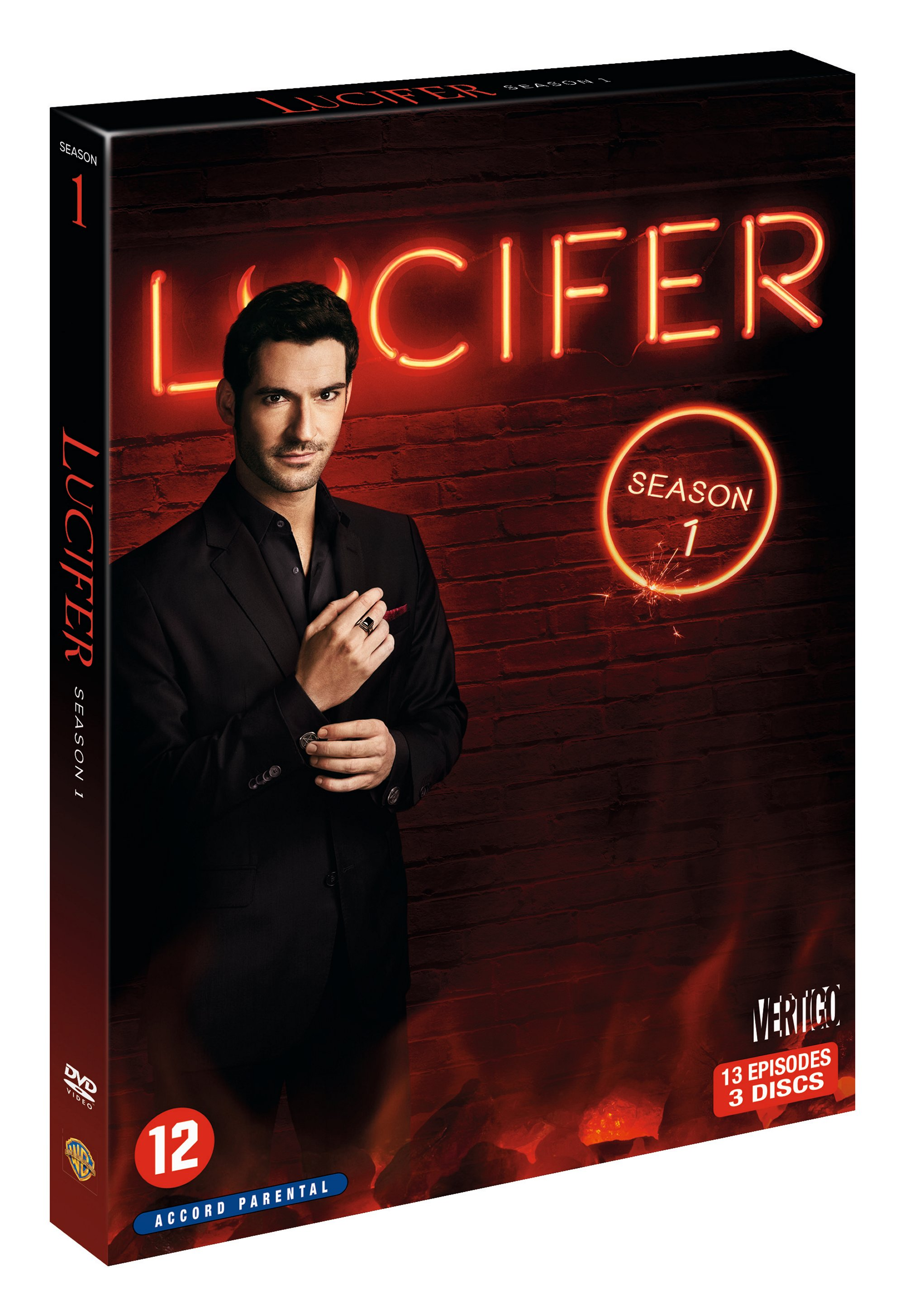 DVD box of the series "Lucifer" with the actor Tom Ellis on the cover, Season 1.