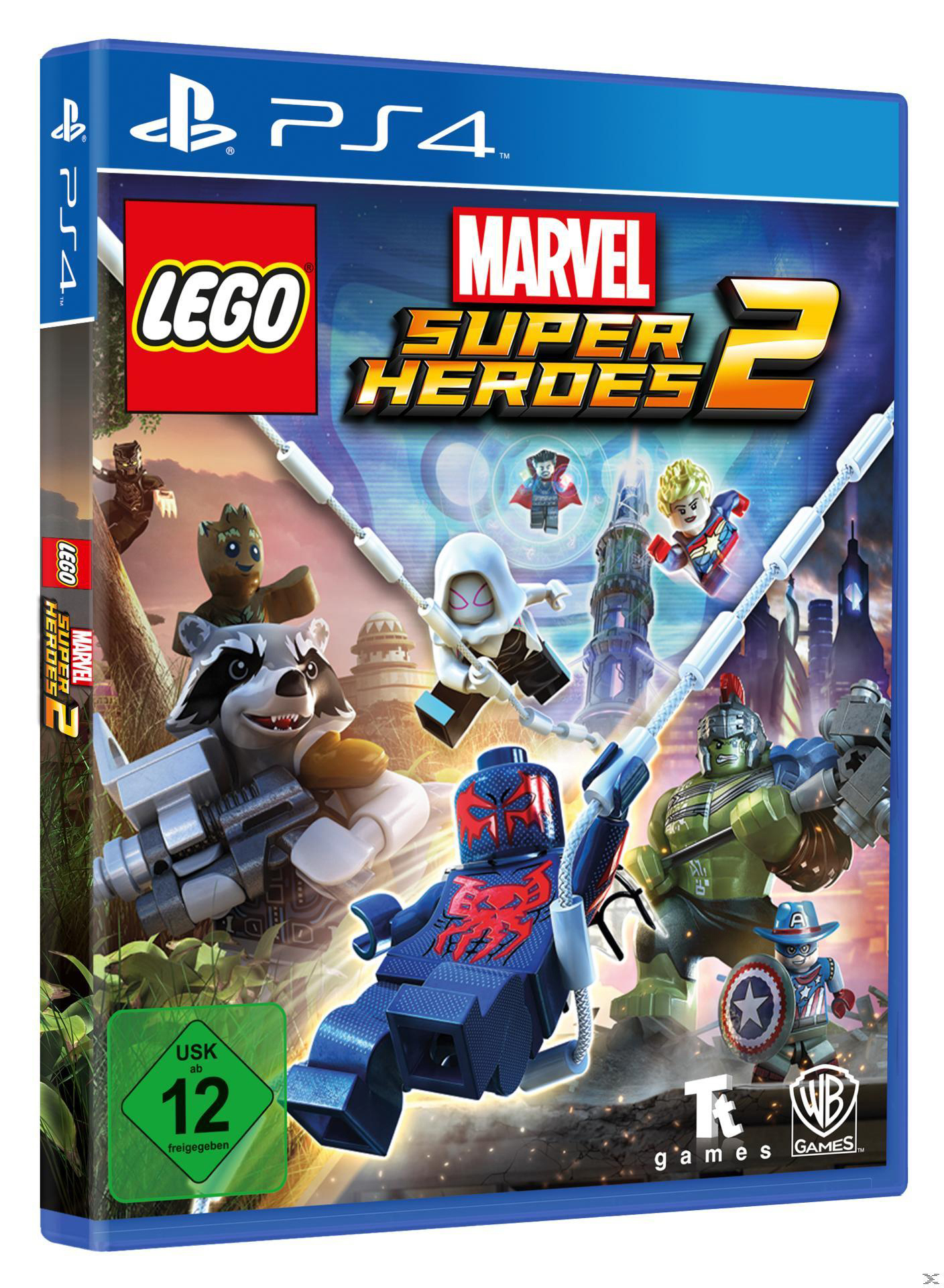 Lego Marvel Super Heroes 2-Spielbox mit Charakteren auf weißem Hintergrund.