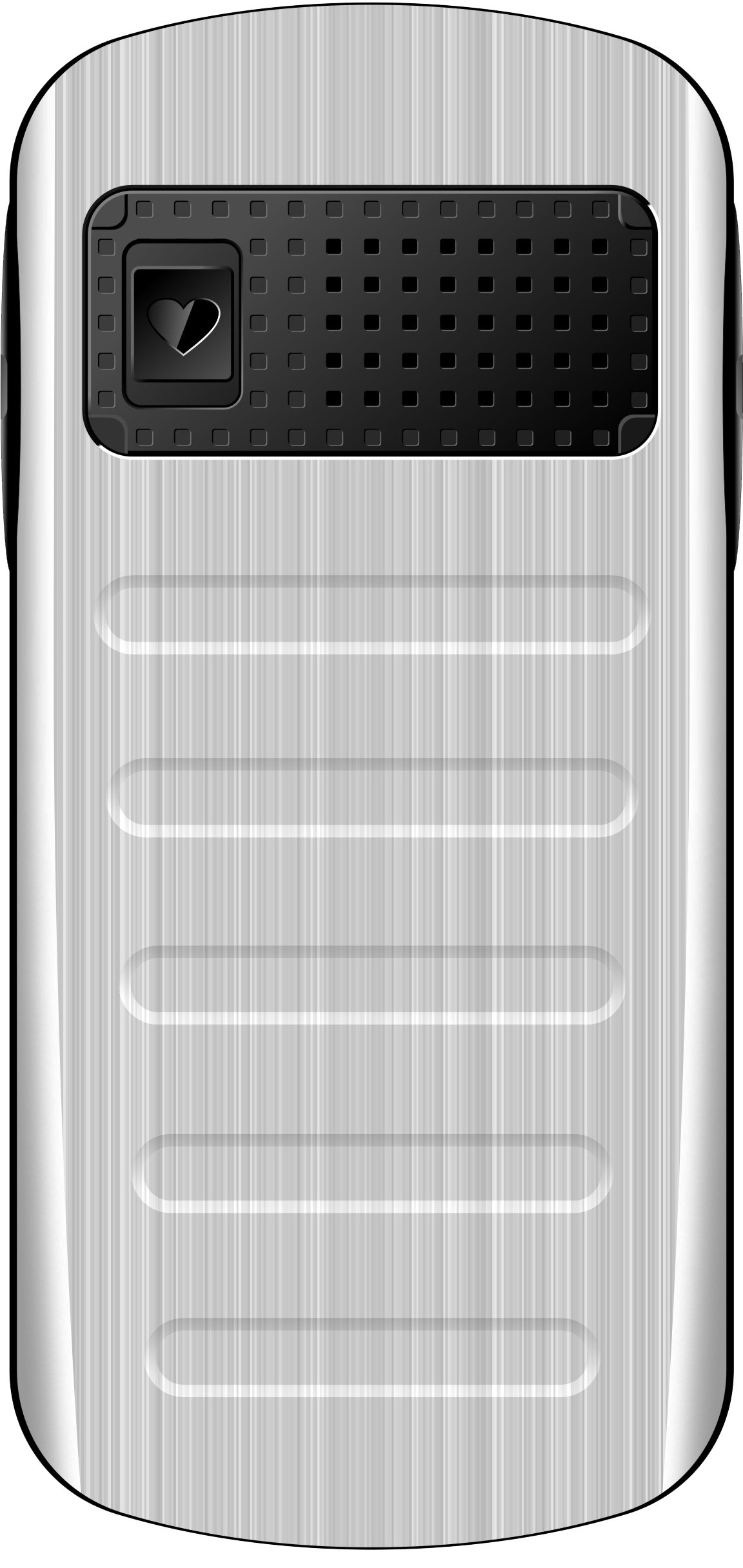 Silbernes Telefon mit herzförmiger Taste, Lautsprecher und fünf vertikalen Linien.