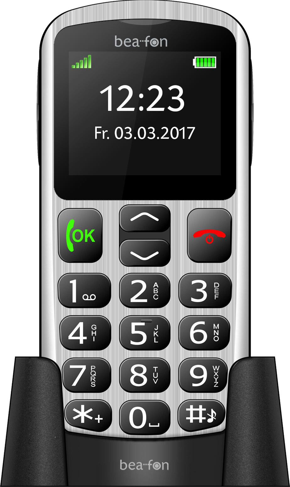 Ein silbernes Mobiltelefon mit großen Tasten und einem Display, das die Uhrzeit anzeigt.