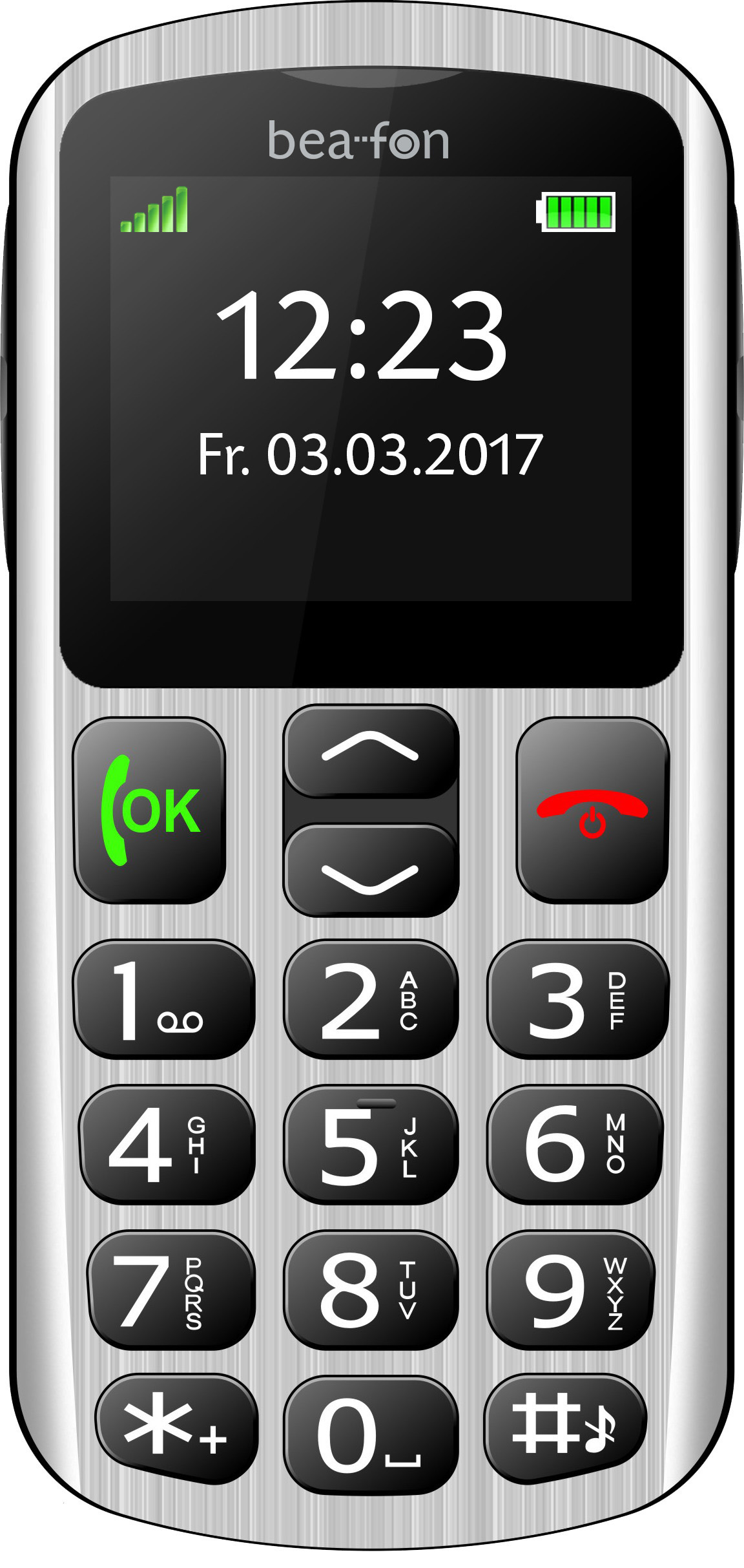 Silbernes beafon-Handy mit 12:23 und Datum 03.03.2017. Große Tasten, OK- und Anruftasten.