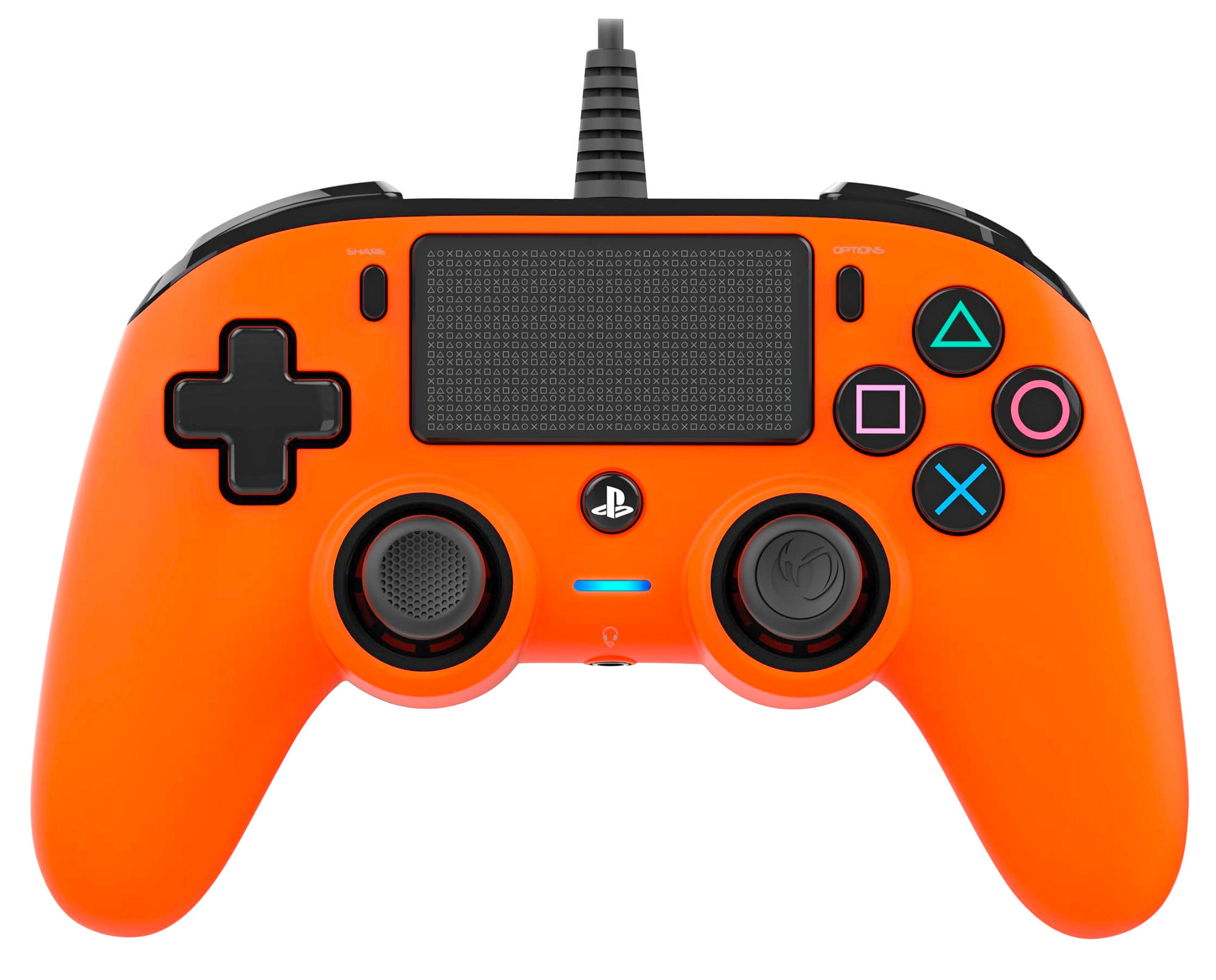 Oranger Gamecontroller mit schwarzen Knöpfen und einem schwarzen Kabel.