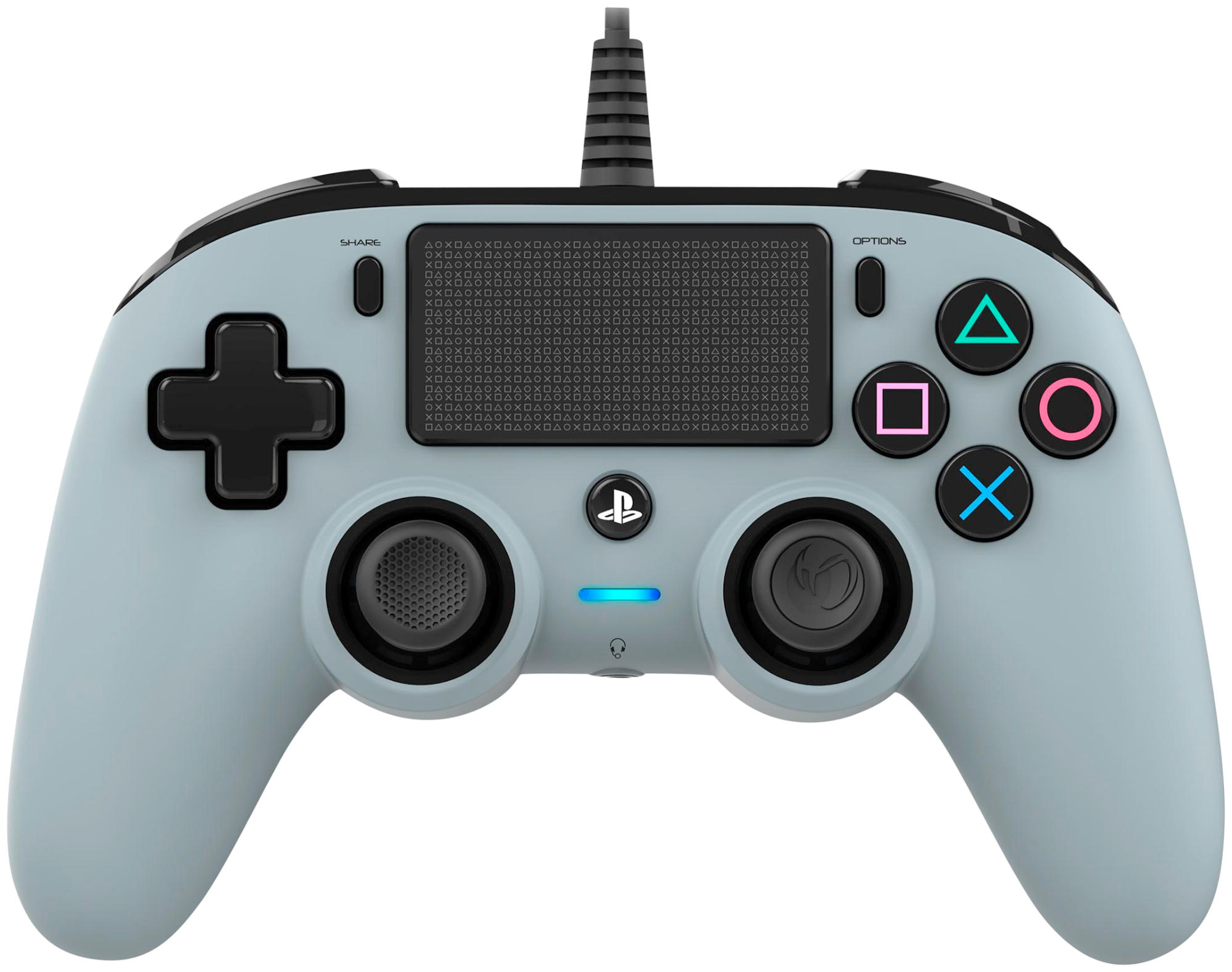 Ein grauer PlayStation-Controller mit Knöpfen und Kabel, vor weißem Hintergrund.