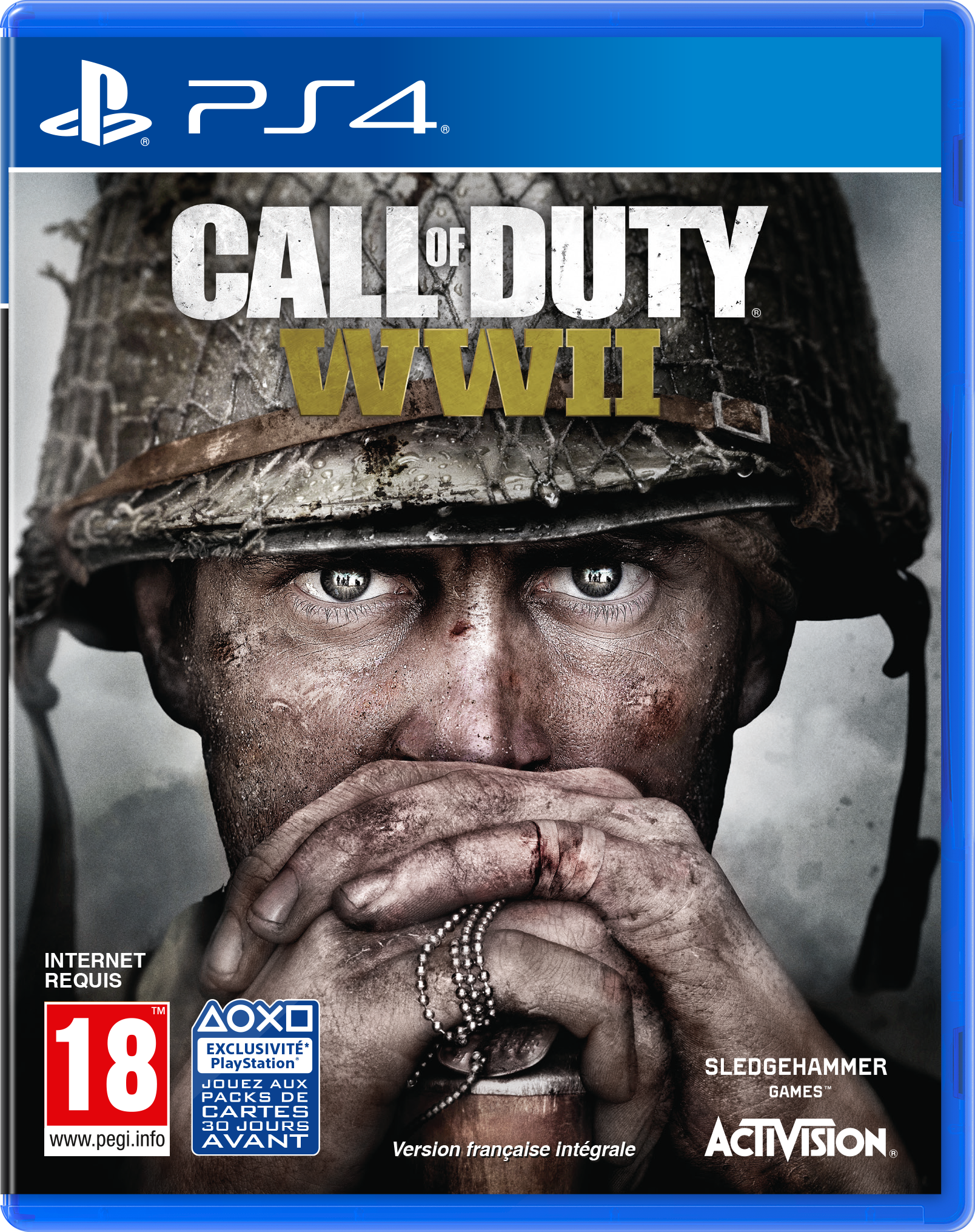 Boîte du jeu Call of Duty WWII. Visage de soldat, avec casque et plaques d'identité.