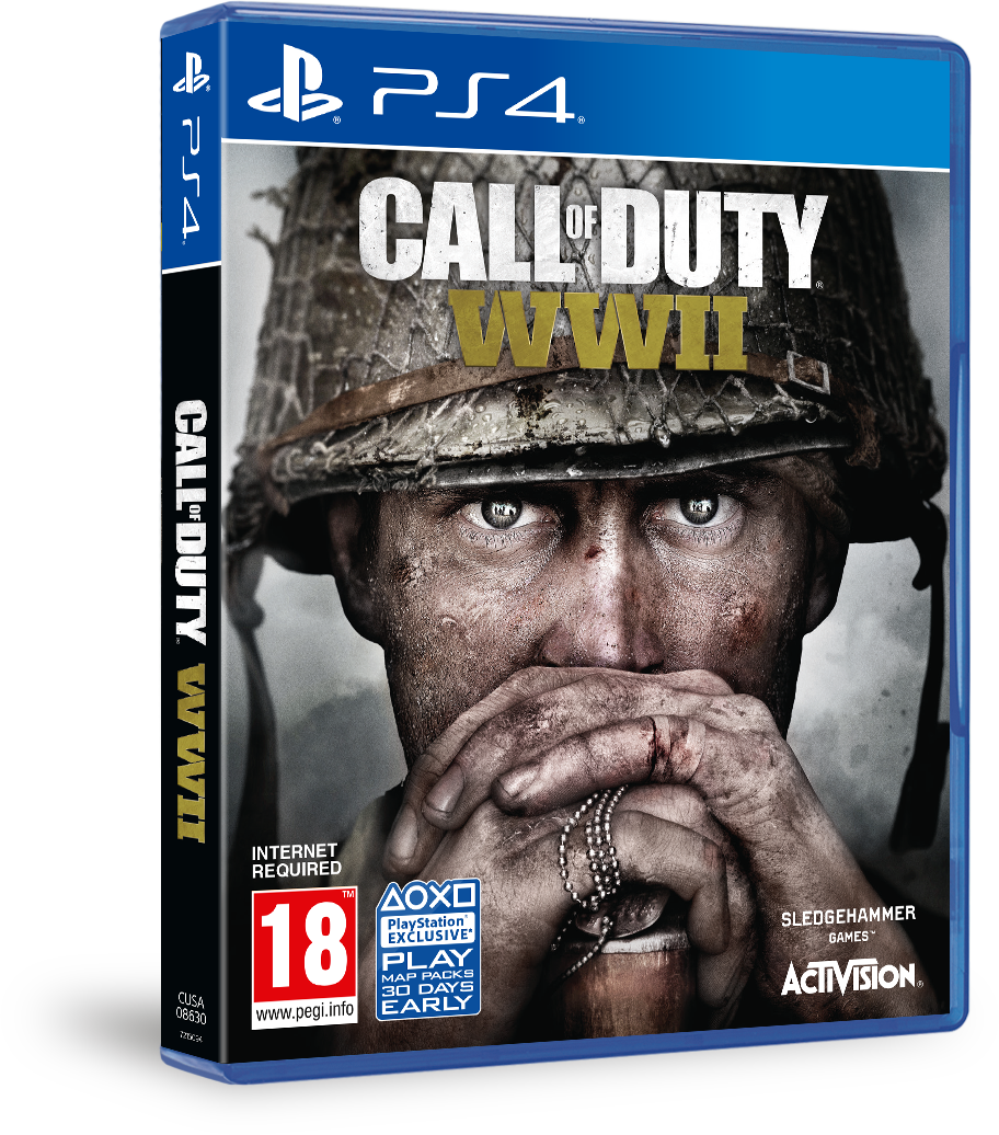 Boîte de jeu vidéo pour 'Call of Duty WWII' avec le visage d'un soldat et le logo Playstation.